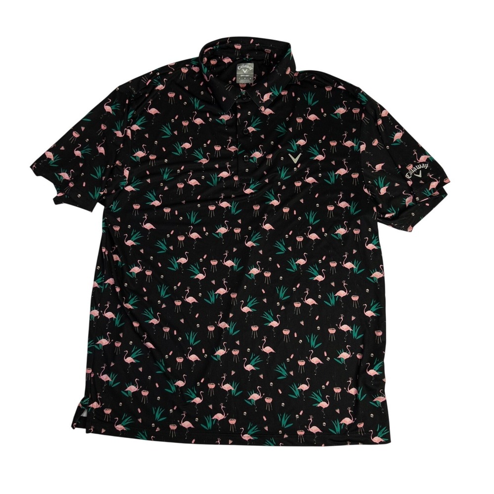 Callaway Pink Flamingo Golf Polo Mens Large Black Opti Dri Stretch